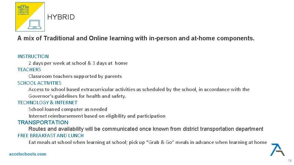 HYBRID A mix of Traditional and Online learning with in-person and at-home components. INSTRUCTION HYBRID A mix of Traditional and Online learning with in-person and at-home components. INSTRUCTION
