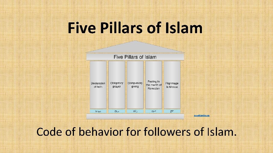 Five Pillars of Islam en. wikipedia. org Code of behavior followers of Islam. 