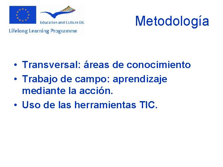 Metodología • Transversal: áreas de conocimiento • Trabajo de campo: aprendizaje mediante la acción.
