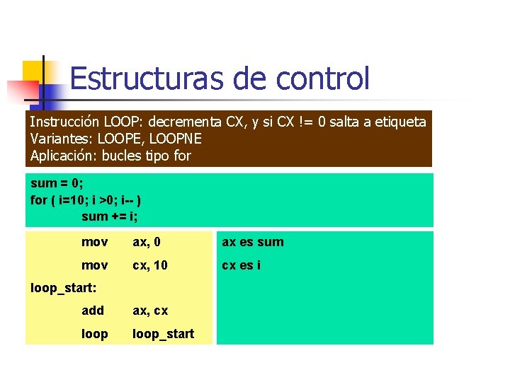 Estructuras de control Instrucción LOOP: decrementa CX, y si CX != 0 salta a