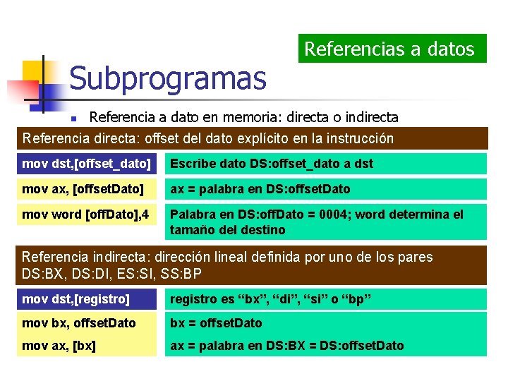 Subprogramas Referencias a datos Referencia a dato en memoria: directa o indirecta Referencia directa: