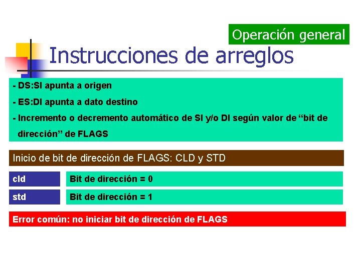 Operación general Instrucciones de arreglos - DS: SI apunta a origen - ES: DI