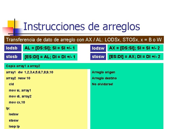 Instrucciones de arreglos Transferencia de dato de arreglo con AX / AL: LODSx, STOSx,