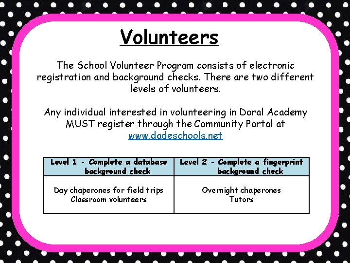 Volunteers The School Volunteer Program consists of electronic registration and background checks. There are Volunteers The School Volunteer Program consists of electronic registration and background checks. There are