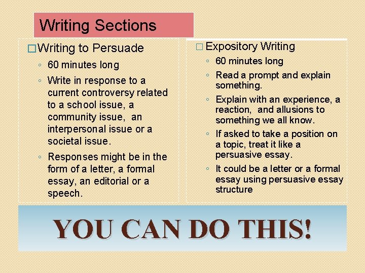 Writing Sections � Writing to Persuade ◦ 60 minutes long ◦ Write in response