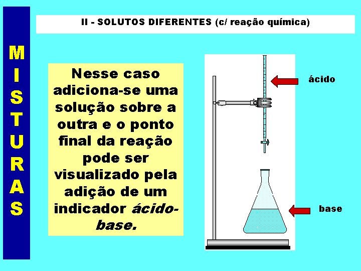 II - SOLUTOS DIFERENTES (c/ reação química) M I S T U R A