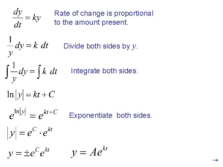 Rate of change is proportional to the amount present. Divide both sides by y.