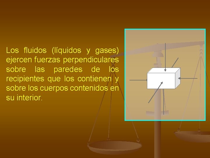 Los fluidos (líquidos y gases) ejercen fuerzas perpendiculares sobre las paredes de los recipientes Los fluidos (líquidos y gases) ejercen fuerzas perpendiculares sobre las paredes de los recipientes
