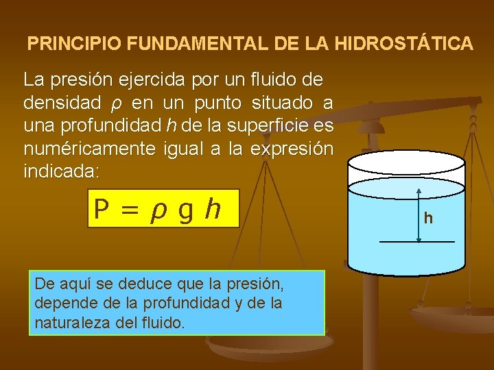 PRINCIPIO FUNDAMENTAL DE LA HIDROSTÁTICA La presión ejercida por un fluido de densidad ρ PRINCIPIO FUNDAMENTAL DE LA HIDROSTÁTICA La presión ejercida por un fluido de densidad ρ
