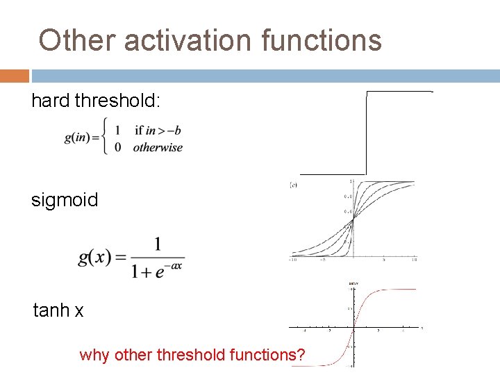 Other activation functions hard threshold: sigmoid tanh x why other threshold functions? 