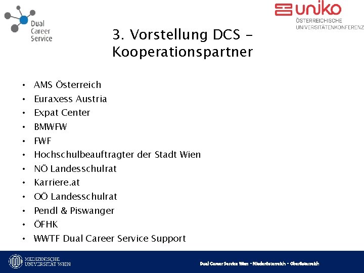 3. Vorstellung DCS Kooperationspartner • • • AMS Österreich Euraxess Austria Expat Center BMWFW