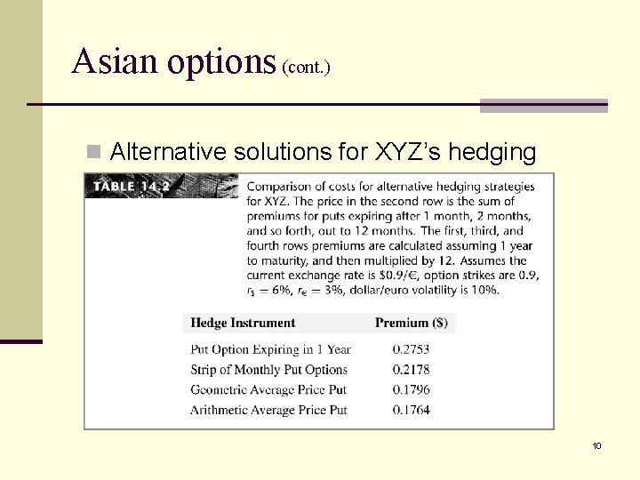 Asian options (cont. ) n Alternative solutions for XYZ’s hedging problem 10 