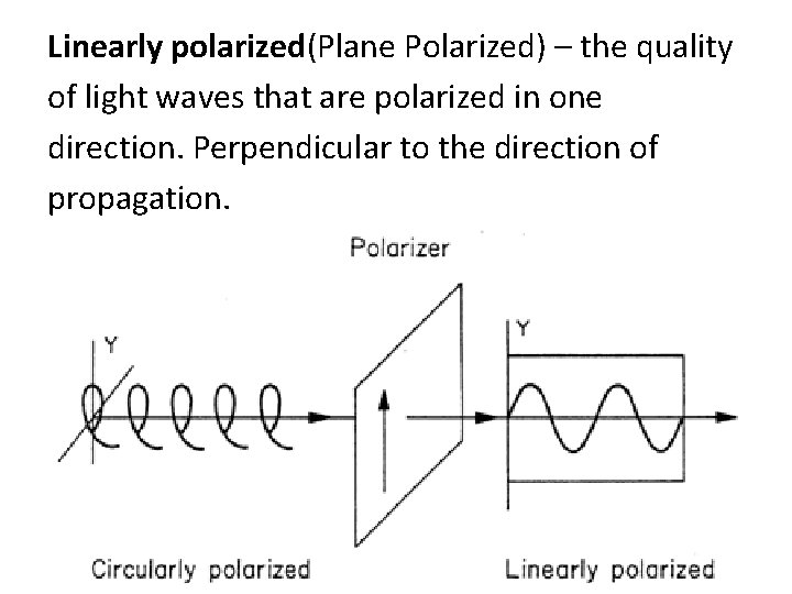 Linearly polarized(Plane Polarized) – the quality of light waves that are polarized in one