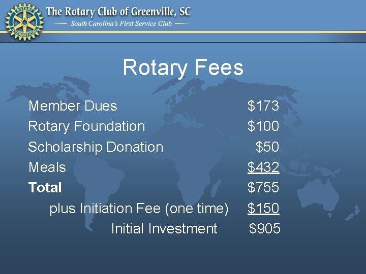 Rotary Fees Member Dues Rotary Foundation Scholarship Donation Meals Total plus Initiation Fee (one