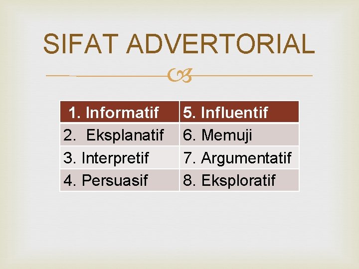 SIFAT ADVERTORIAL 1. Informatif 2. Eksplanatif 3. Interpretif 4. Persuasif 5. Influentif 6. Memuji