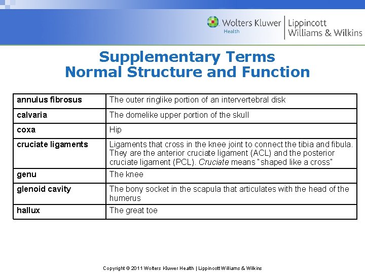 Supplementary Terms Normal Structure and Function annulus fibrosus The outer ringlike portion of an