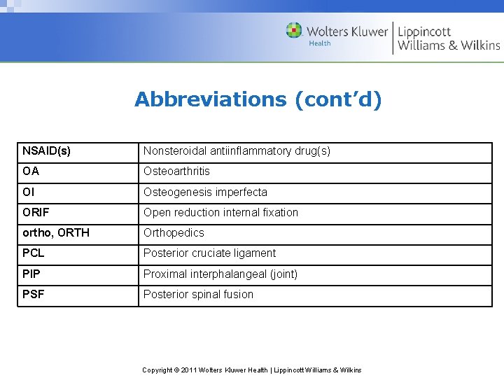 Abbreviations (cont’d) NSAID(s) Nonsteroidal antiinflammatory drug(s) OA Osteoarthritis OI Osteogenesis imperfecta ORIF Open reduction