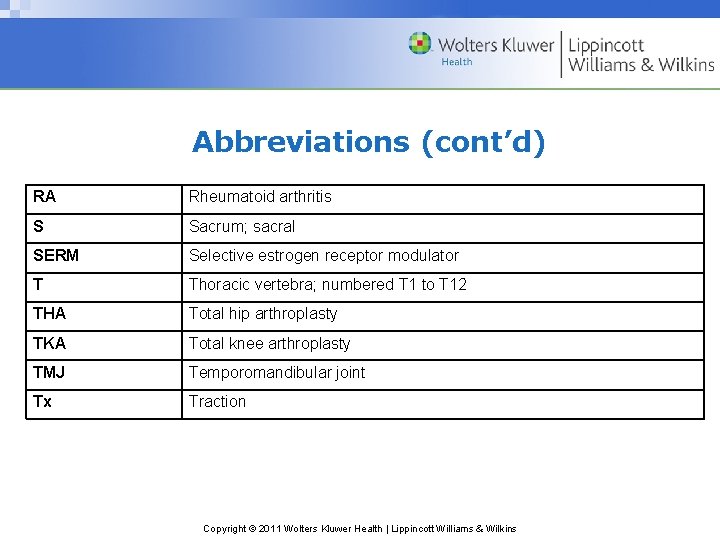 Abbreviations (cont’d) RA Rheumatoid arthritis S Sacrum; sacral SERM Selective estrogen receptor modulator T