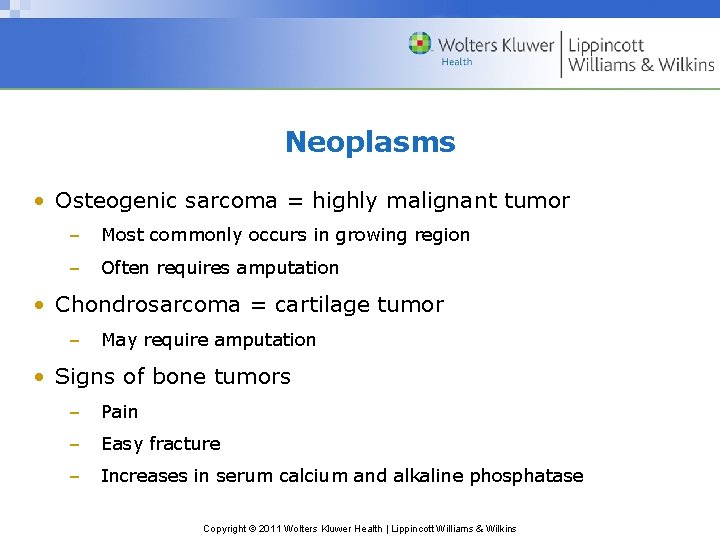 Neoplasms • Osteogenic sarcoma = highly malignant tumor – Most commonly occurs in growing