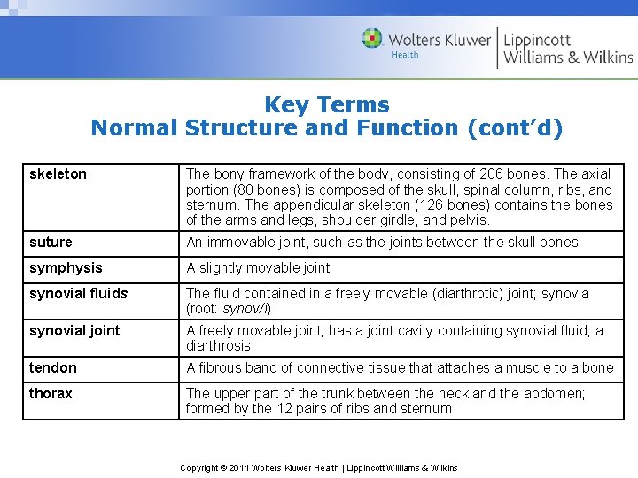 Key Terms Normal Structure and Function (cont’d) skeleton The bony framework of the body,