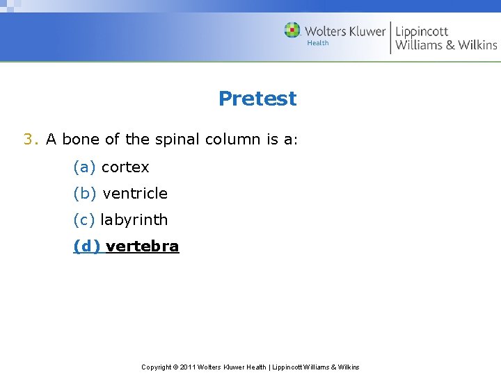 Pretest 3. A bone of the spinal column is a: (a) cortex (b) ventricle