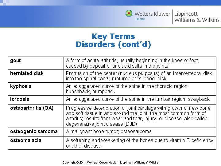 Key Terms Disorders (cont’d) gout A form of acute arthritis, usually beginning in the