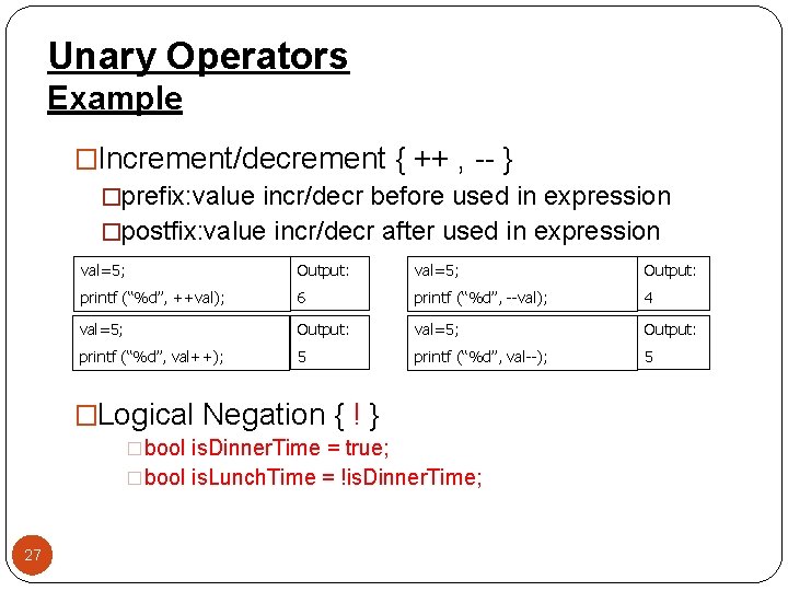 Unary Operators Example �Increment/decrement { ++ , -- } �prefix: value incr/decr before used