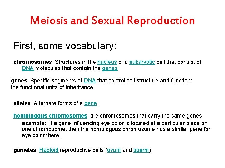 Meiosis and Sexual Reproduction First, some vocabulary: chromosomes Structures in the nucleus of a