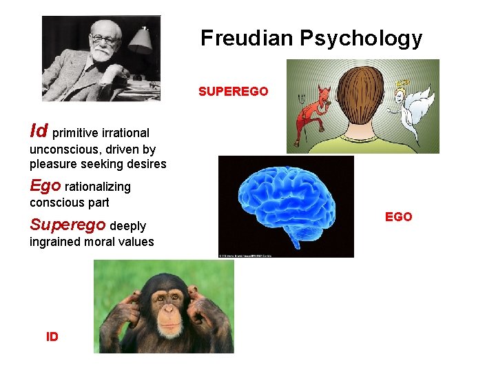 Freudian Psychology SUPEREGO Id primitive irrational unconscious, driven by pleasure seeking desires Ego rationalizing