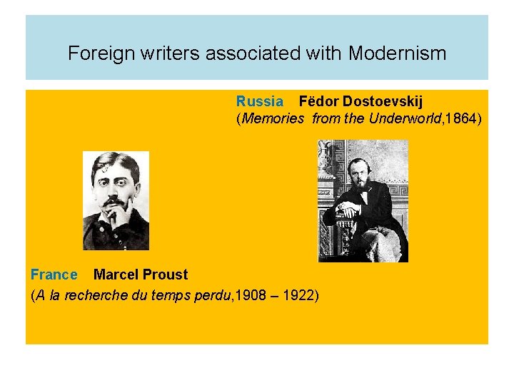 Foreign writers associated with Modernism Russia Fëdor Dostoevskij (Memories from the Underworld, 1864) France