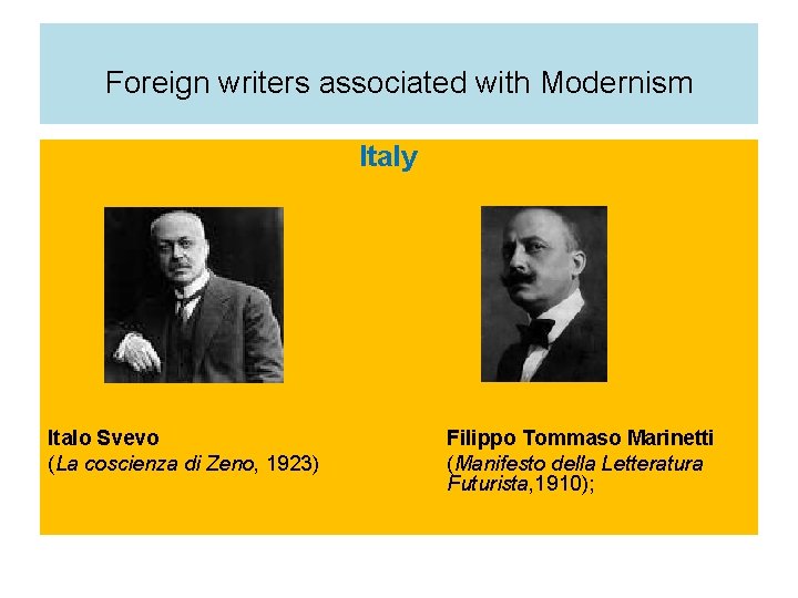 Foreign writers associated with Modernism Italy Italo Svevo (La coscienza di Zeno, 1923) Filippo