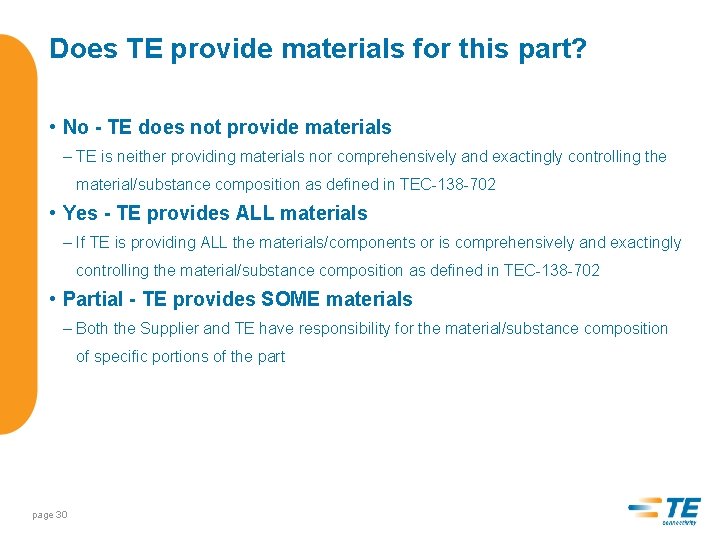 Does TE provide materials for this part? • No - TE does not provide