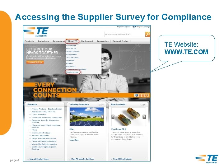 Accessing the Supplier Survey for Compliance TE Website: WWW. TE. COM page 4 