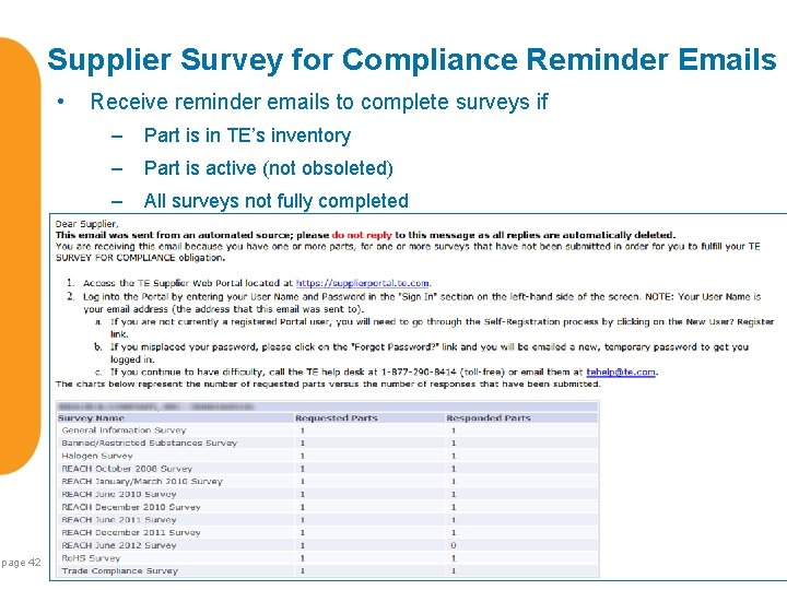 Supplier Survey for Compliance Reminder Emails • page 42 Receive reminder emails to complete