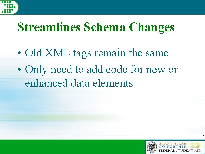 Streamlines Schema Changes • Old XML tags remain the same • Only need to
