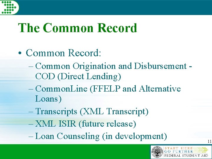 The Common Record • Common Record: – Common Origination and Disbursement COD (Direct Lending)