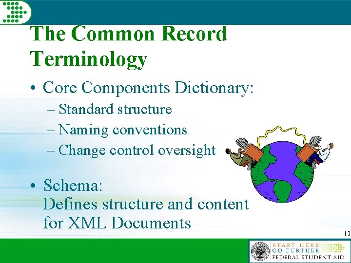 The Common Record Terminology • Core Components Dictionary: – Standard structure – Naming conventions
