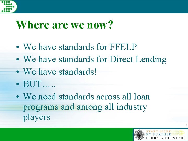 Where are we now? • • • We have standards for FFELP We have