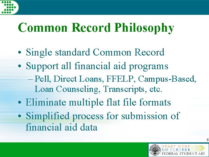 Common Record Philosophy • Single standard Common Record • Support all financial aid programs