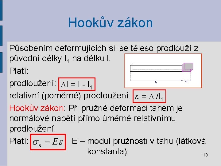 Hookův zákon Působením deformujících sil se těleso prodlouží z původní délky l 1 na