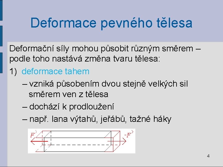 Deformace pevného tělesa Deformační síly mohou působit různým směrem – podle toho nastává změna
