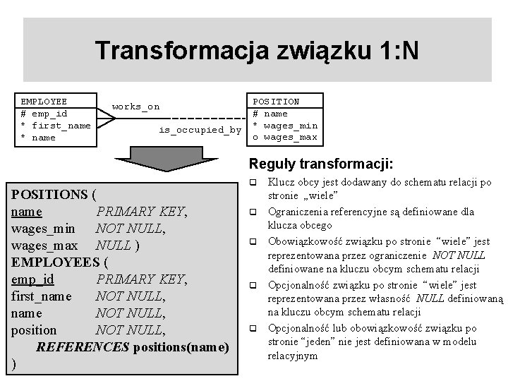 Transformacja związku 1: N EMPLOYEE # emp_id * first_name * name works_on is_occupied_by POSITION Transformacja związku 1: N EMPLOYEE # emp_id * first_name * name works_on is_occupied_by POSITION