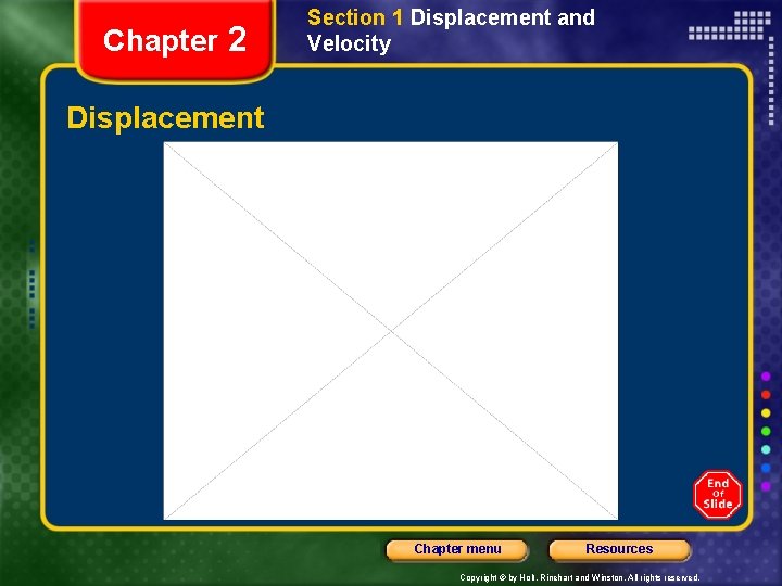 Chapter 2 Section 1 Displacement and Velocity Displacement Chapter menu Resources Copyright © by