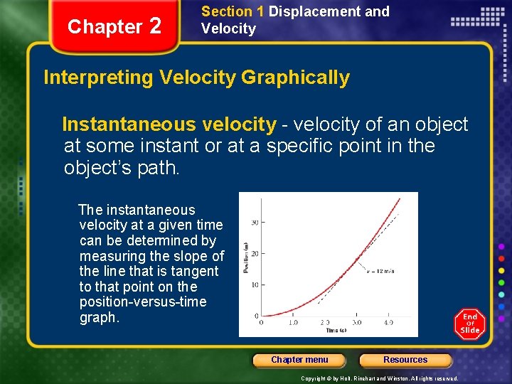 Chapter 2 Section 1 Displacement and Velocity Interpreting Velocity Graphically Instantaneous velocity - velocity