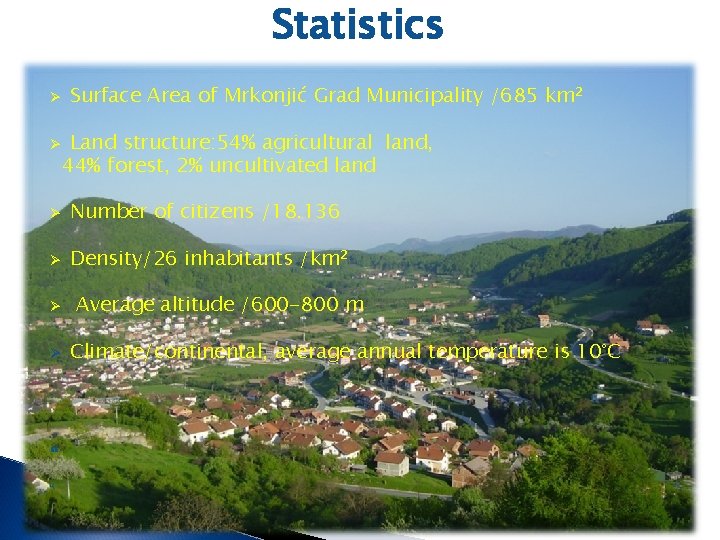 Statistics Ø Ø Surface Area of Mrkonjić Grad Municipality /685 km² Land structure: 54%