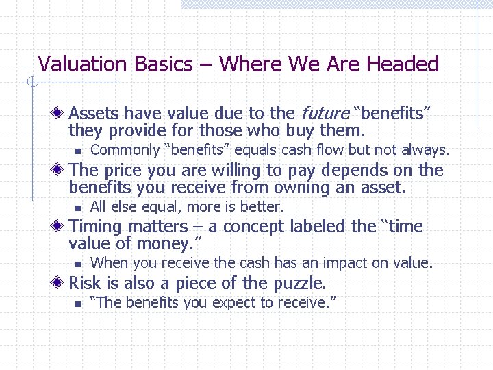 Valuation Basics – Where We Are Headed Assets have value due to the future Valuation Basics – Where We Are Headed Assets have value due to the future