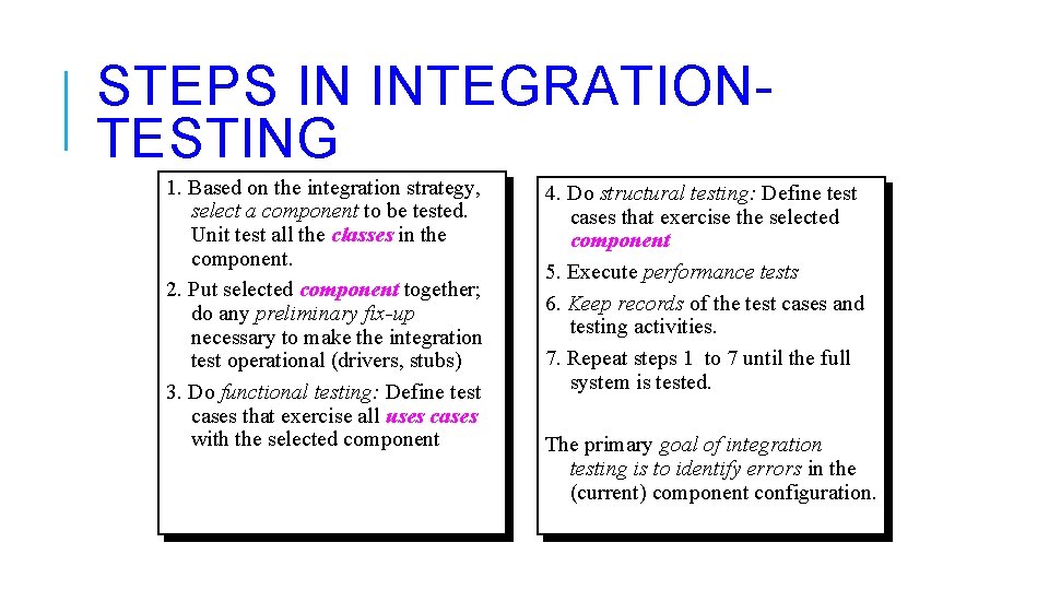 STEPS IN INTEGRATIONTESTING 1. Based on the integration strategy, select a component to be