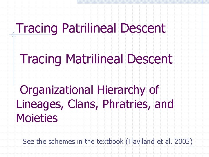 Tracing Patrilineal Descent Tracing Matrilineal Descent Organizational Hierarchy of Lineages, Clans, Phratries, and Moieties