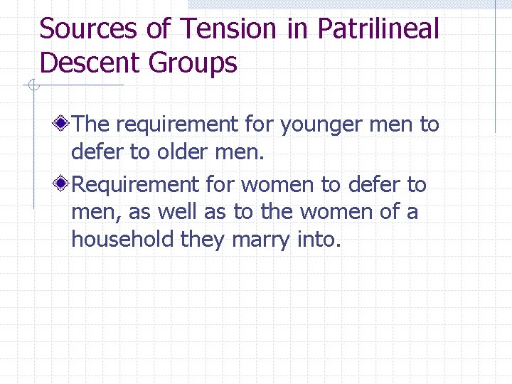 Sources of Tension in Patrilineal Descent Groups The requirement for younger men to defer
