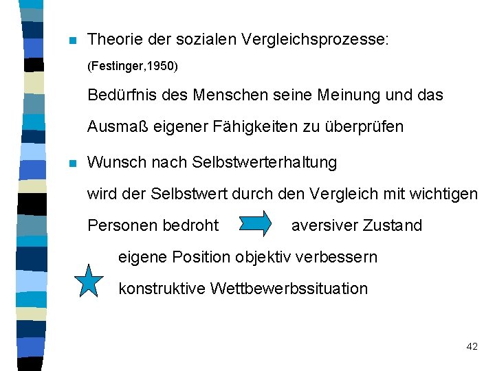 n Theorie der sozialen Vergleichsprozesse: (Festinger, 1950) Bedürfnis des Menschen seine Meinung und das